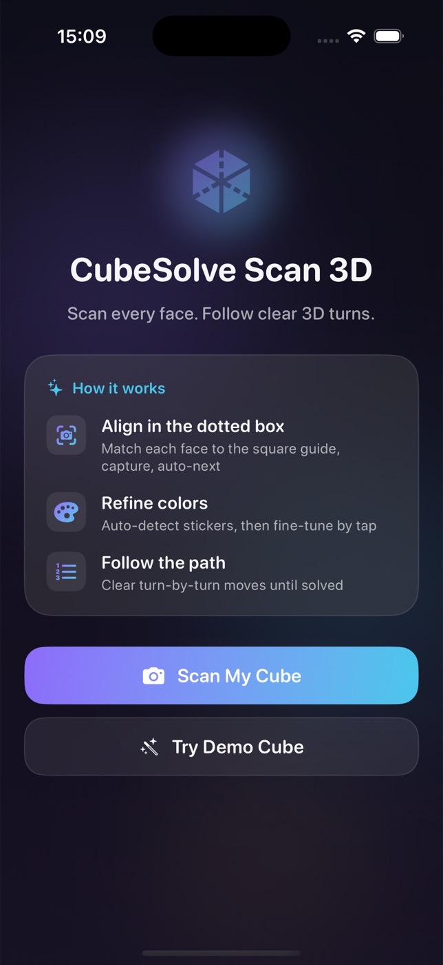 CubeSolve Scan 3D home screen on iPhone