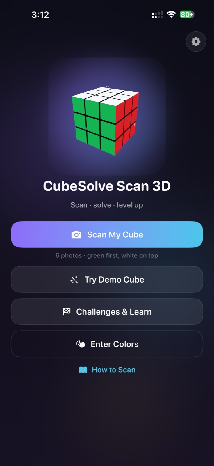 CubeSolve Scan 3D home screen on iPhone