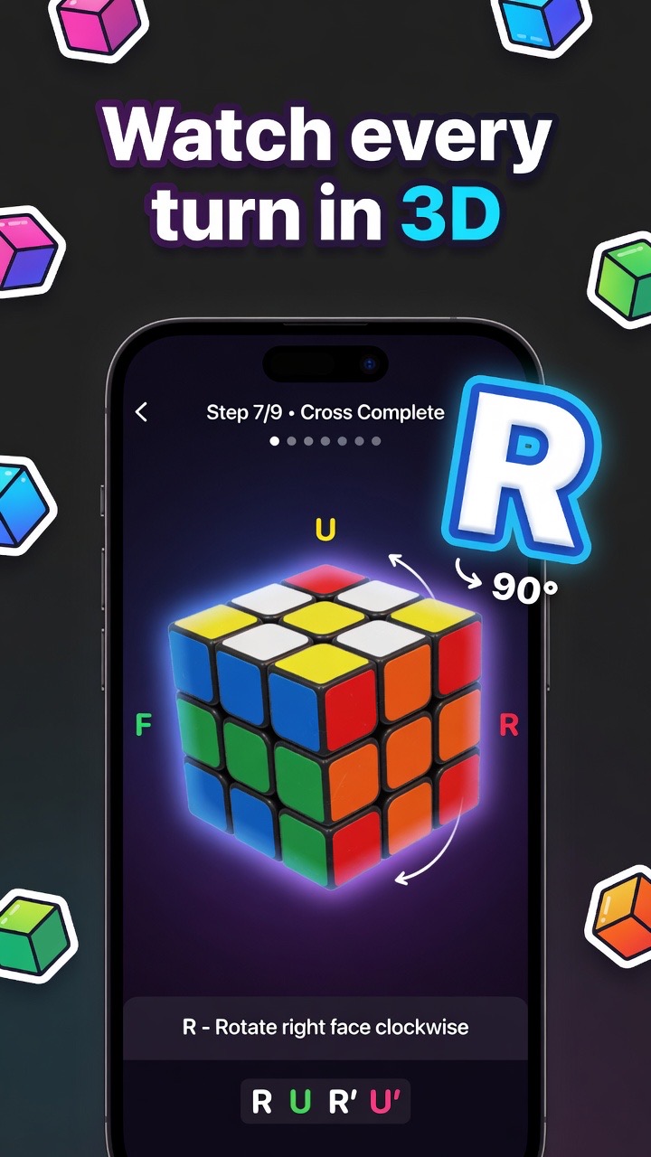 CubeSolve marketing visual — 3D turns
